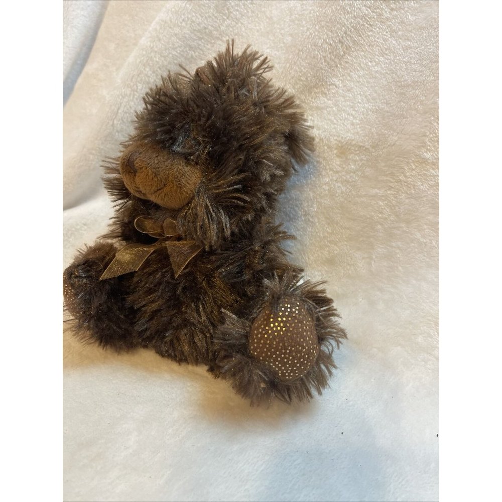 Plush brown rabbit with gold shimmer and bow small approx 8” - Picture 2 of 6